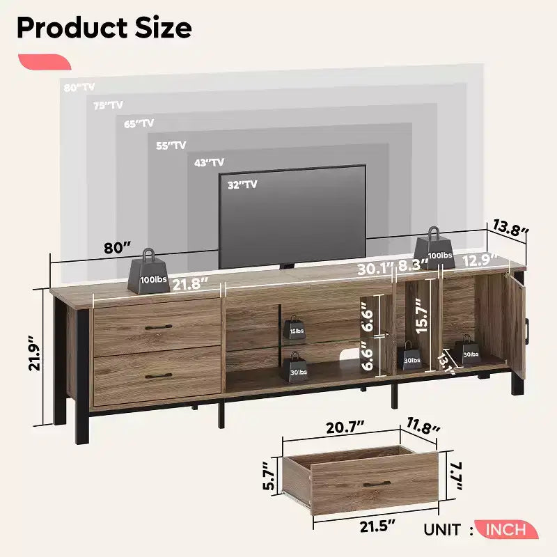 Mobile TV da 80" con LED RGB – Nero Lucido / Legno di Pino / Bianco Lucido – Adatto per TV fino a 95"