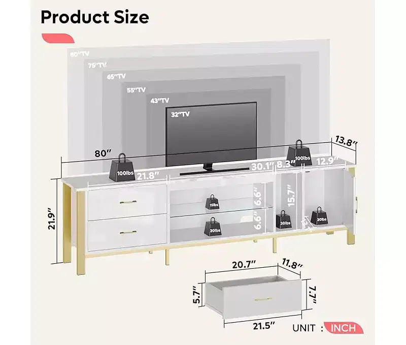 Mobile TV da 80" con LED RGB – Nero Lucido / Legno di Pino / Bianco Lucido – Adatto per TV fino a 95"