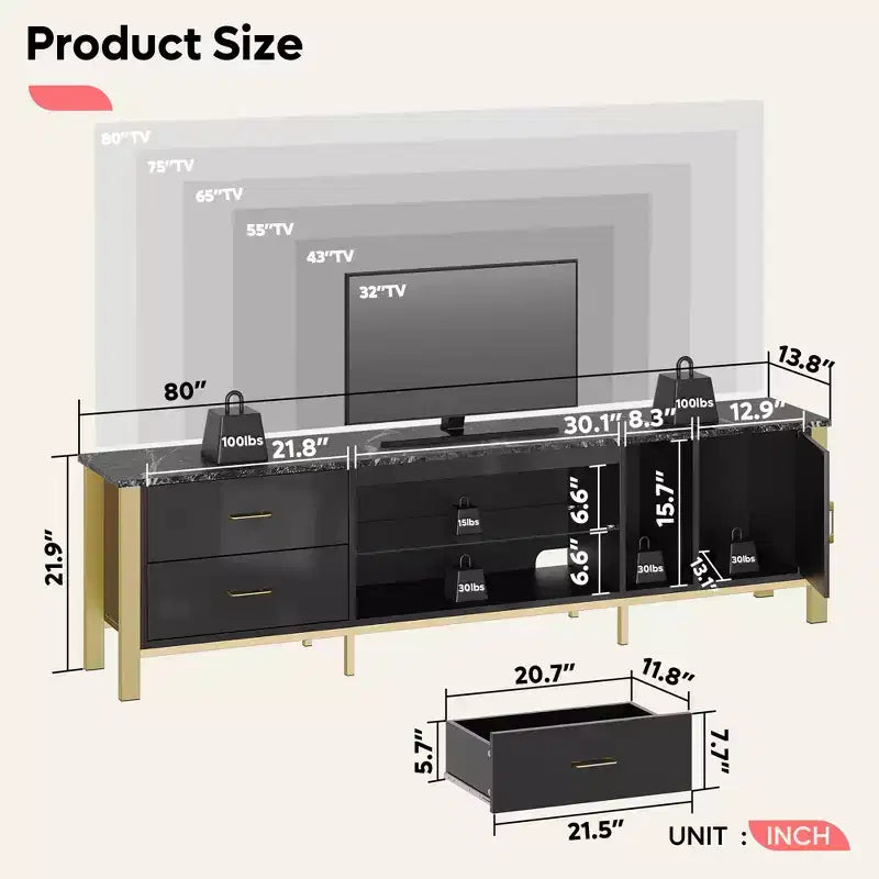 Mobile TV da 80" con LED RGB – Nero Lucido / Legno di Pino / Bianco Lucido – Adatto per TV fino a 95"