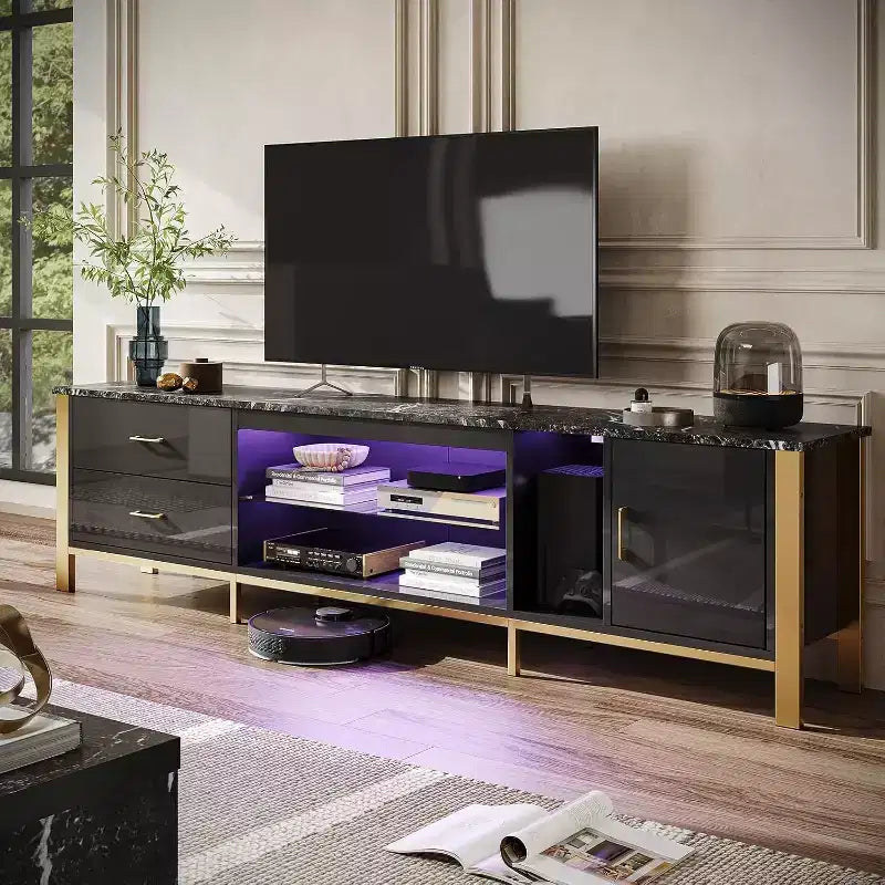 Bestier Modern 80''LED TV Stand for TVs up to 90with Adjustable Tempered Glass Shelf, Entertainment Center with Storage Cabinet with Door & Drawers