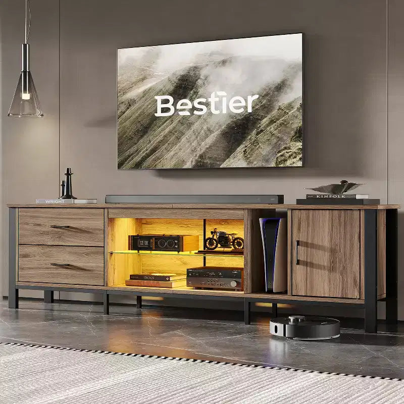 Mobile TV da 80" con LED RGB – Nero Lucido / Legno di Pino / Bianco Lucido – Adatto per TV fino a 95"