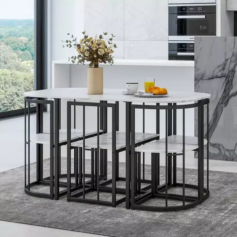 Set da pranzo ovale nero in finto marmo – 7 pezzi, 6 posti