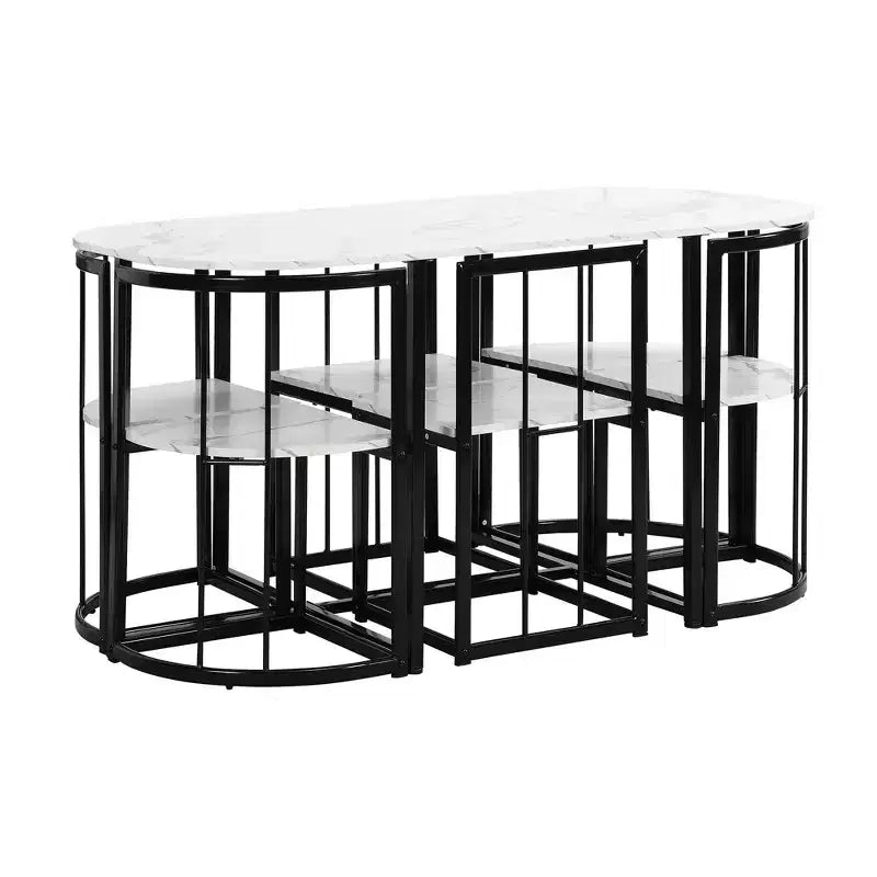 Set da pranzo ovale nero in finto marmo – 7 pezzi, 6 posti