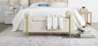 MAYEERTY Elegant Upholstered Line Storage Bench with Cylindrical Arms and Iron Legs for Hallway Living Room Bedroom Beige