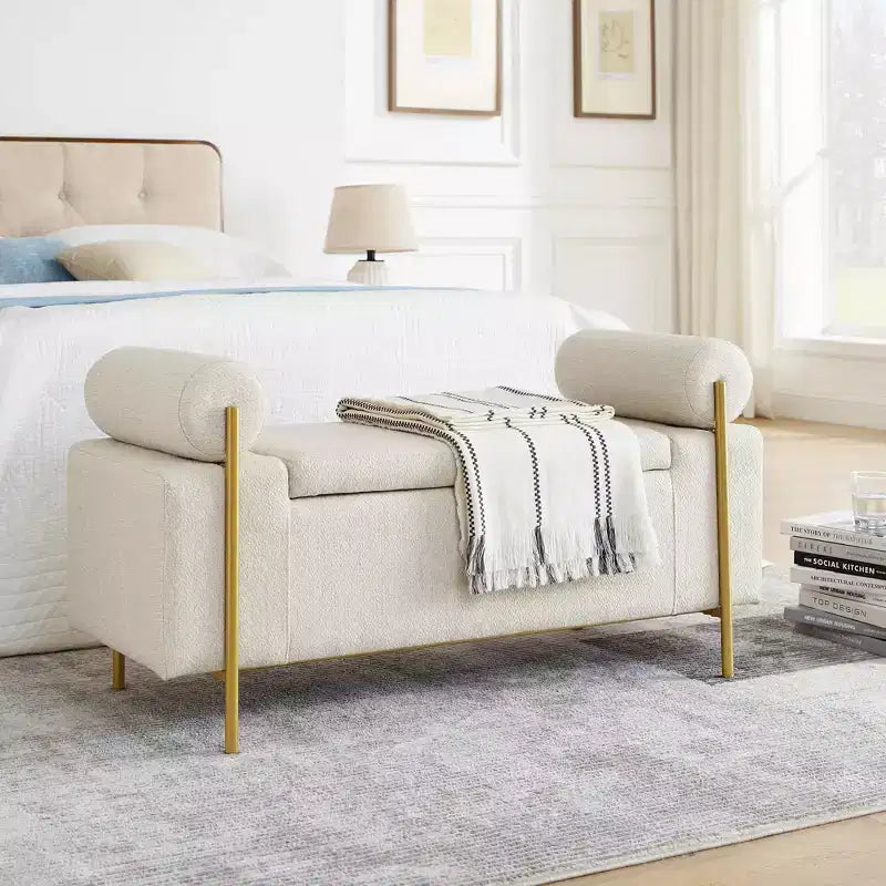 Panca contenitore imbottita beige con braccioli cilindrici, 1 posto