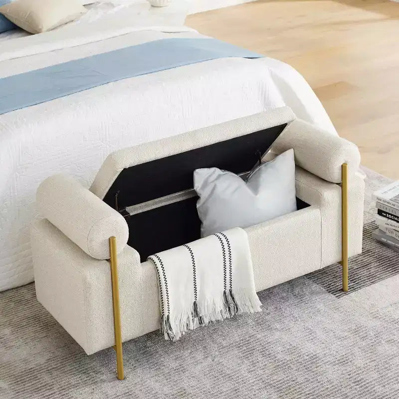 Panca contenitore imbottita beige con braccioli cilindrici, 1 posto