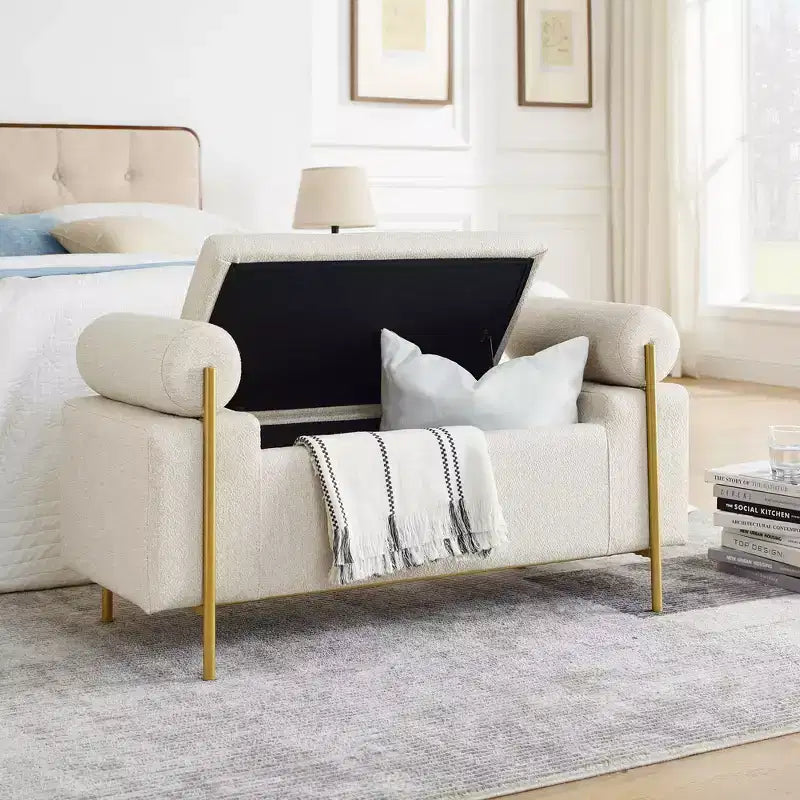 Panca contenitore imbottita beige con braccioli cilindrici, 1 posto