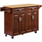 FAMYYT Brown Drop Leaf Wood Top 54 in. Kitchen Island Cart with 2 Drawers, Locking Casters, and Storage Shelves