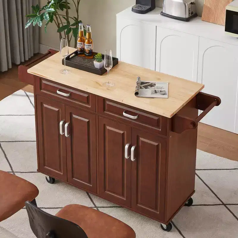 Carrello da cucina con isola a ribalta marrone con 2 cassetti