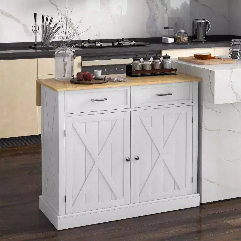 Carrello da Cucina/Isola da Fattoria Bianca con 2 Cassetti e Mobiletto