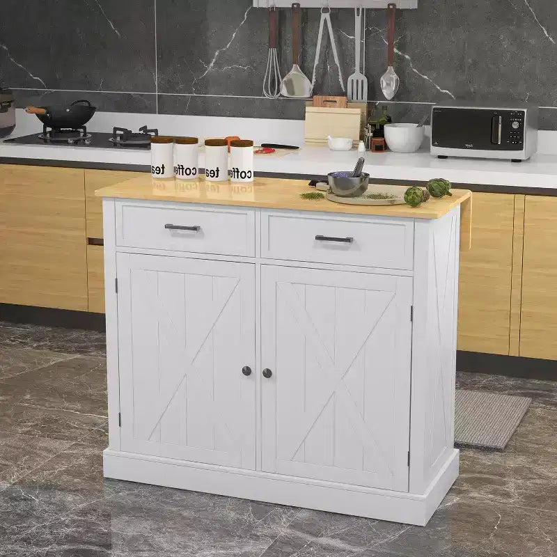 Carrello da Cucina/Isola da Fattoria Bianca con 2 Cassetti e Mobiletto