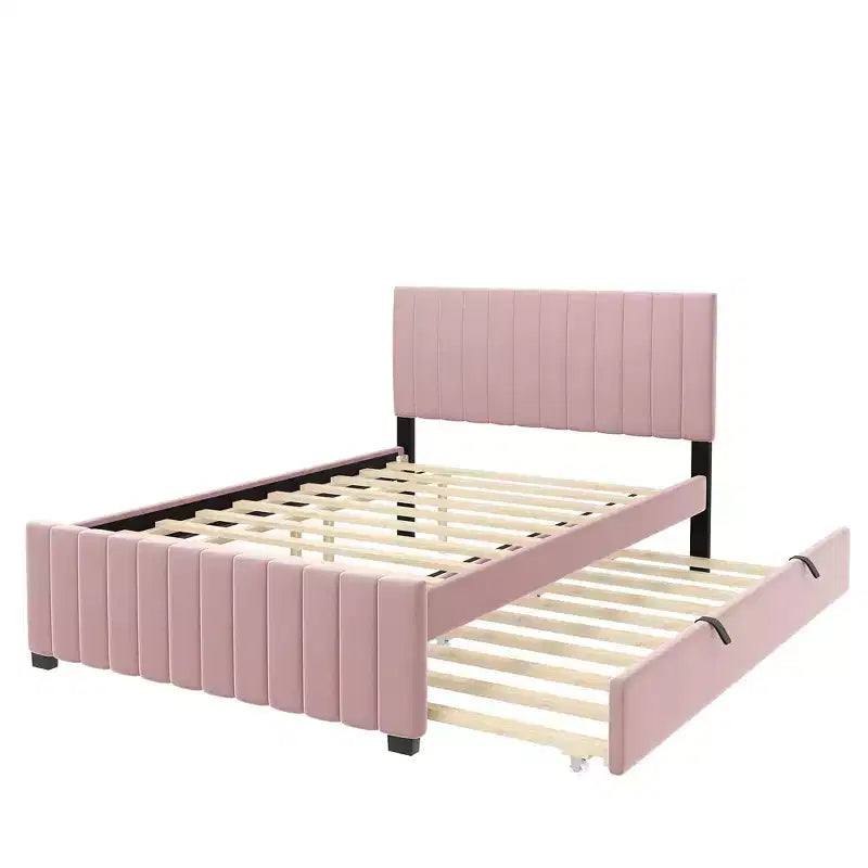 Letto imbottito in velluto beige/grigio/rosa con letto estraibile – Una piazza e mezza, per 2+ persone
