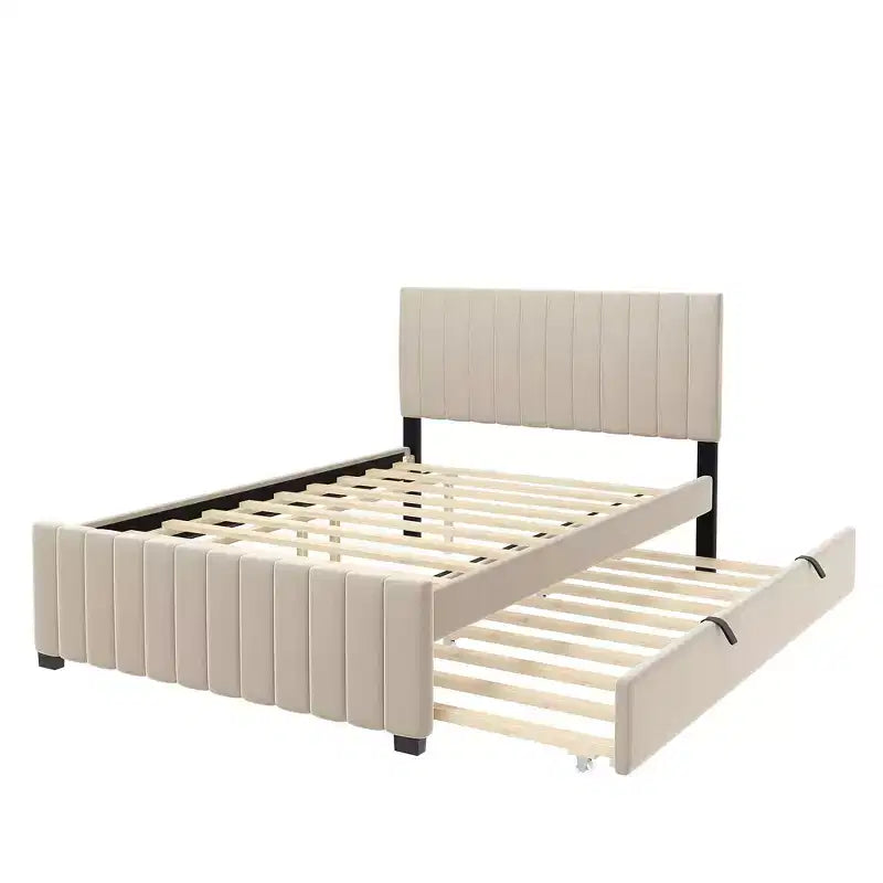 Letto imbottito in velluto beige/grigio/rosa con letto estraibile – Una piazza e mezza, per 2+ persone