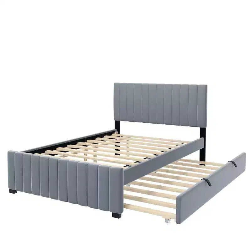 Letto imbottito in velluto beige/grigio/rosa con letto estraibile – Una piazza e mezza, per 2+ persone