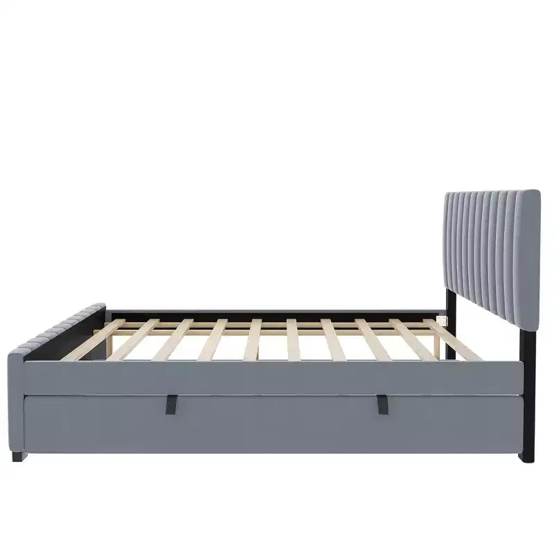 Letto imbottito in velluto beige/grigio/rosa con letto estraibile – Una piazza e mezza, per 2+ persone