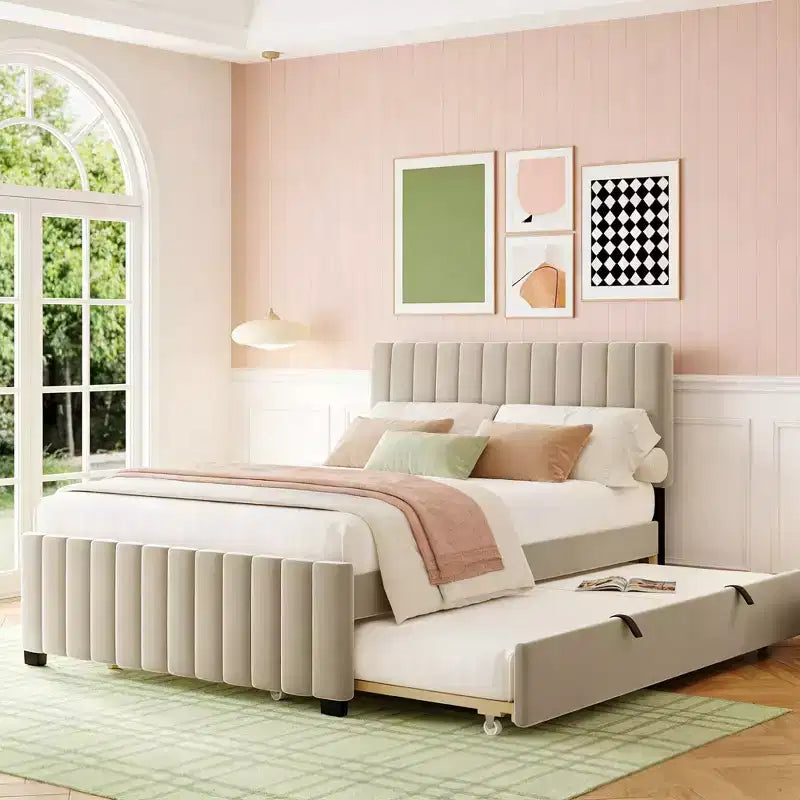 Luxystar Modern Full Size Velvet Upholstered Platform Bed with Trundle
