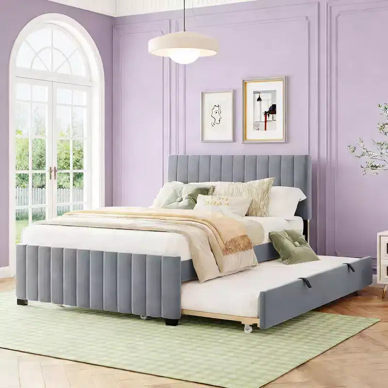 Letto imbottito in velluto beige/grigio/rosa con letto estraibile – Una piazza e mezza, per 2+ persone