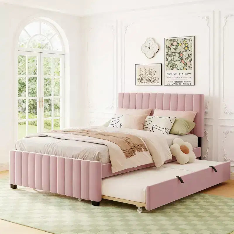 Letto imbottito in velluto beige/grigio/rosa con letto estraibile – Una piazza e mezza, per 2+ persone