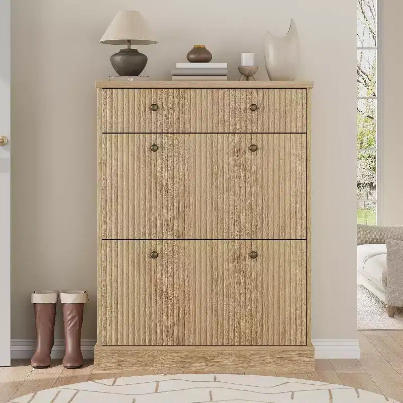 Cassettiera Portascarpe in Noce Nero / Legno Naturale con Pannello Ondulato e 3 Cassetti