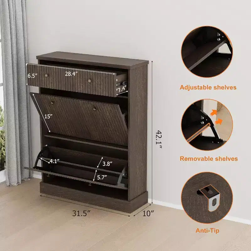 Cassettiera Portascarpe in Noce Nero / Legno Naturale con Pannello Ondulato e 3 Cassetti