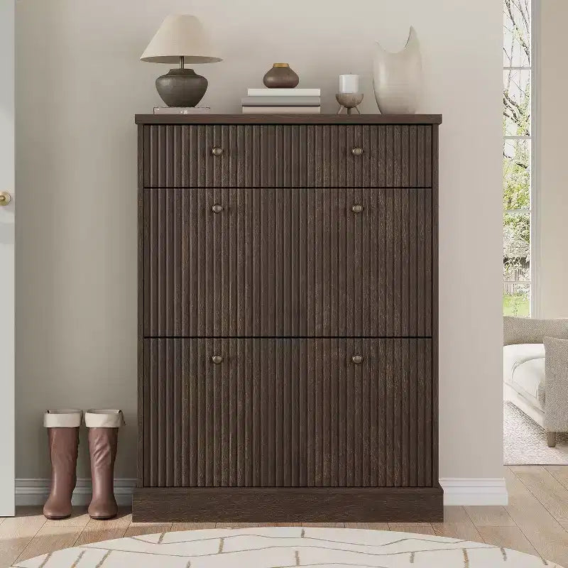 Cassettiera Portascarpe in Noce Nero / Legno Naturale con Pannello Ondulato e 3 Cassetti