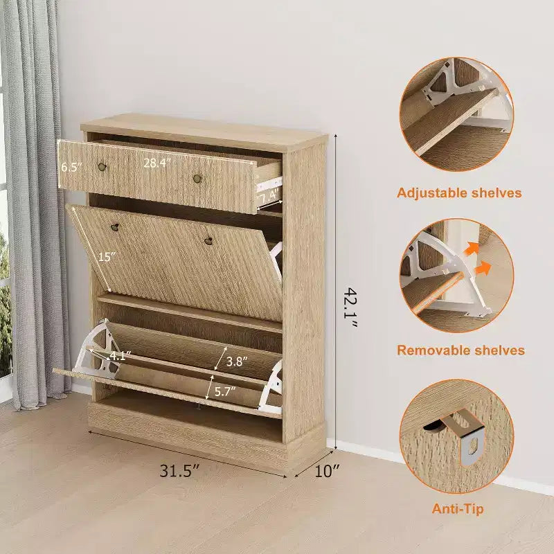 Cassettiera Portascarpe in Noce Nero / Legno Naturale con Pannello Ondulato e 3 Cassetti