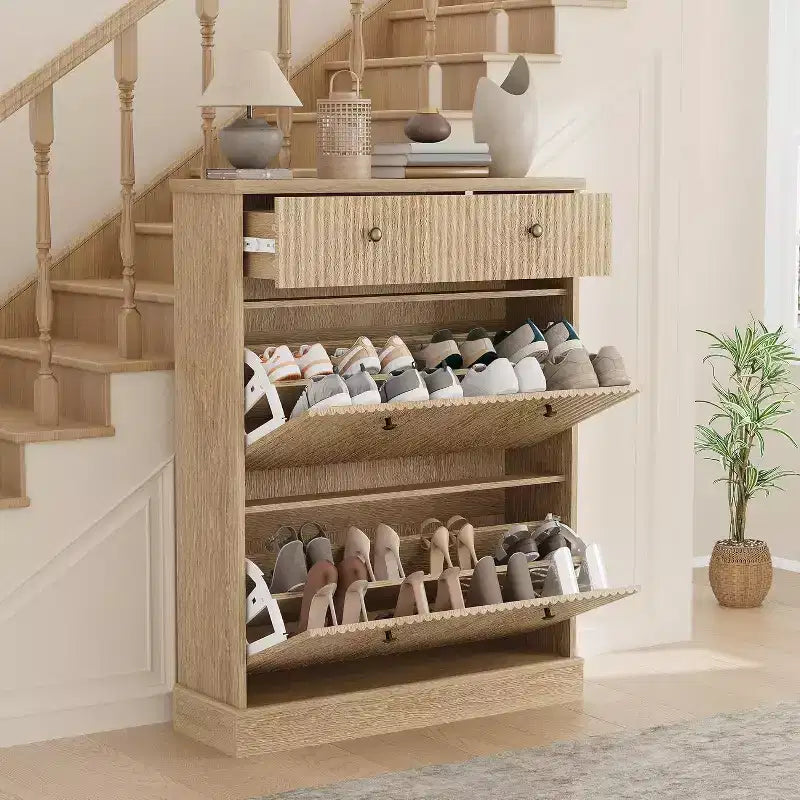Cassettiera Portascarpe in Noce Nero / Legno Naturale con Pannello Ondulato e 3 Cassetti