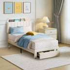 Twin Bed Frame for Kids, Upholstered Platform Bed with Large Storage Drawer and Bookcase Headboard, Noise-Free Easy Assembly Girls Boys Bed, Beige
