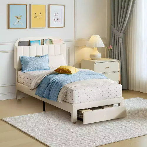 Twin Bed Frame for Kids, Upholstered Platform Bed with Large Storage Drawer and Bookcase Headboard, Noise-Free Easy Assembly Girls Boys Bed, Beige