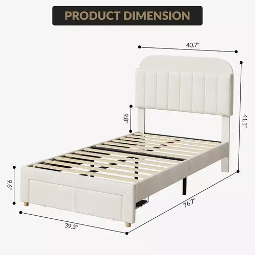 Letto a Piattaforma Singolo Imbottito Beige con Cassetto Contenitore e Testiera Libreria – 1 Persona