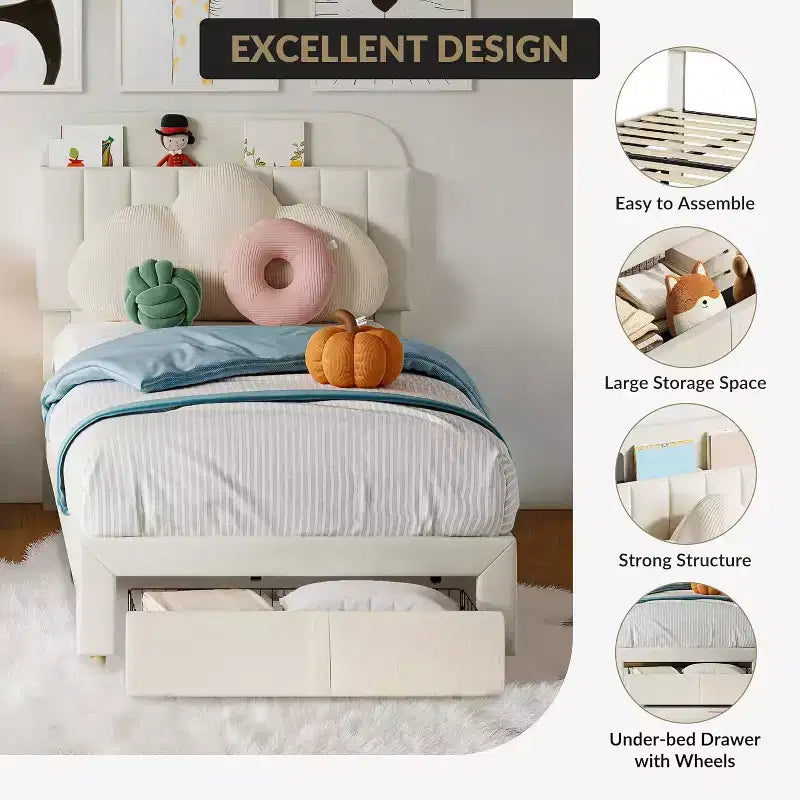 Letto a Piattaforma Singolo Imbottito Beige con Cassetto Contenitore e Testiera Libreria – 1 Persona
