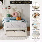Letto a Piattaforma Singolo Imbottito Beige con Cassetto Contenitore e Testiera Libreria – 1 Persona