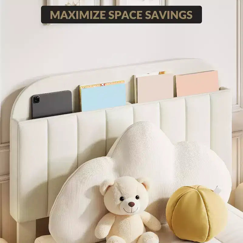 Letto a Piattaforma Singolo Imbottito Beige con Cassetto Contenitore e Testiera Libreria – 1 Persona