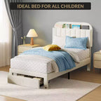 Letto a Piattaforma Singolo Imbottito Beige con Cassetto Contenitore e Testiera Libreria – 1 Persona
