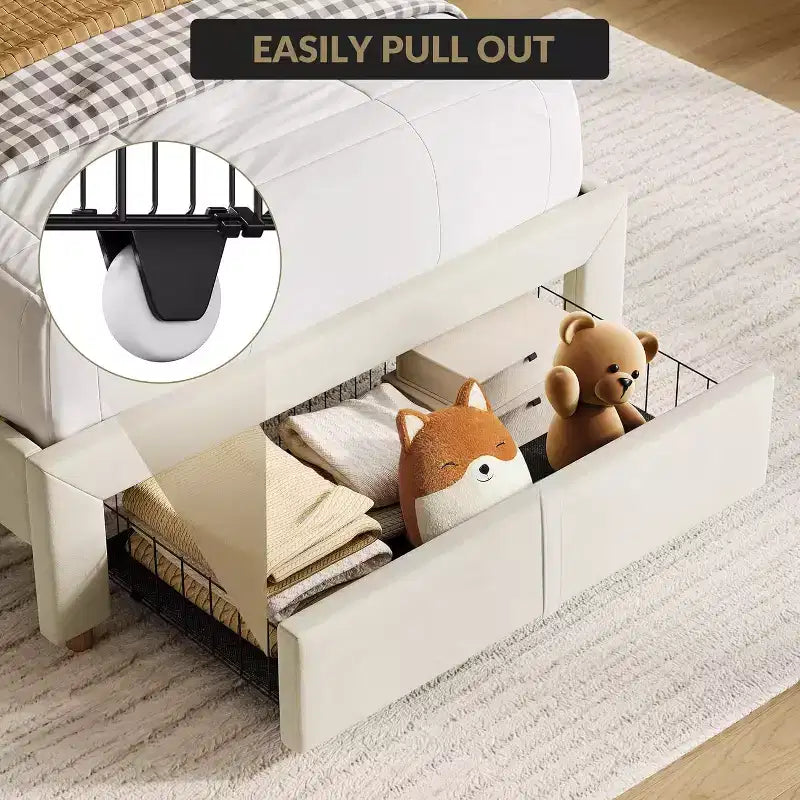 Letto a Piattaforma Singolo Imbottito Beige con Cassetto Contenitore e Testiera Libreria – 1 Persona