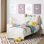 Letto a Piattaforma Singolo Imbottito Beige con Cassetto Contenitore e Testiera Libreria – 1 Persona