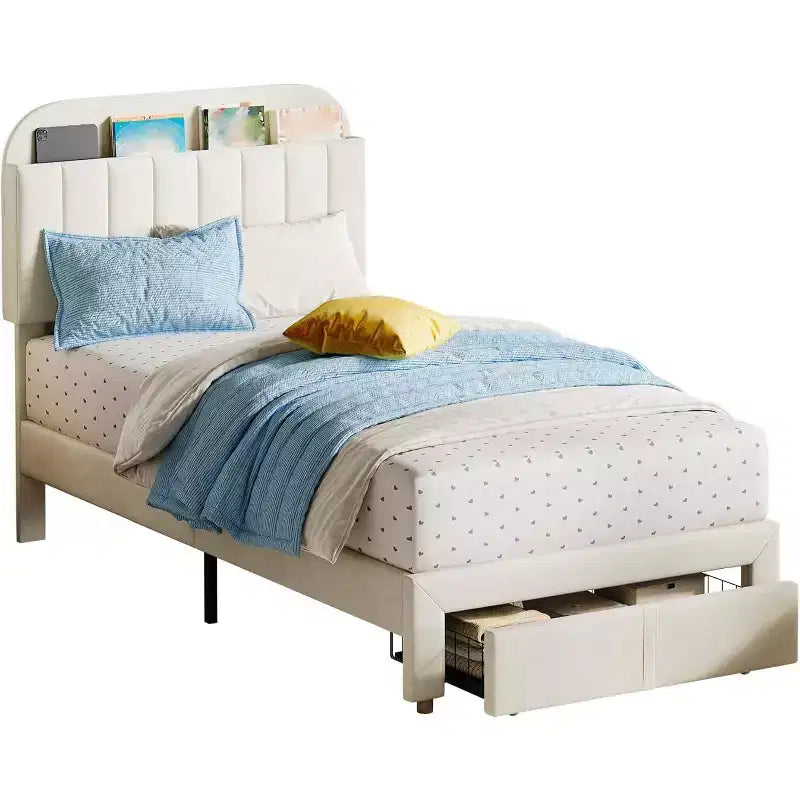 Letto a Piattaforma Singolo Imbottito Beige con Cassetto Contenitore e Testiera Libreria – 1 Persona