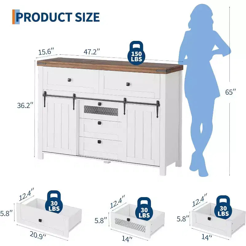 Credenza Rustica Bianca Stile Fattoria con Ante Scorrevoli a Granaio – 5 Cassetti