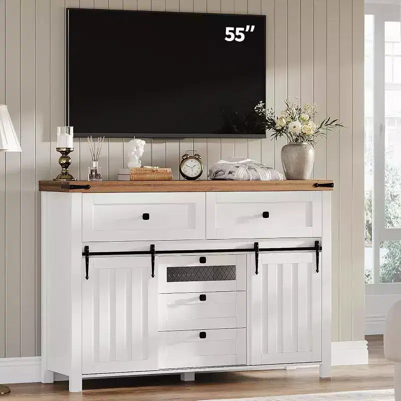 Credenza Rustica Bianca Stile Fattoria con Ante Scorrevoli a Granaio – 5 Cassetti