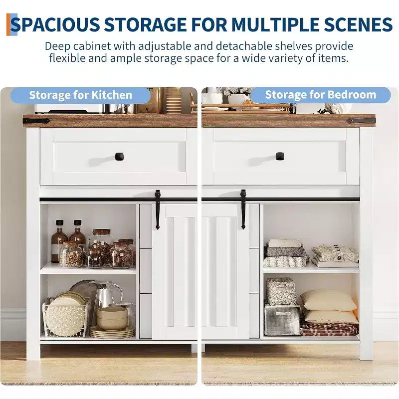 Credenza Rustica Bianca Stile Fattoria con Ante Scorrevoli a Granaio – 5 Cassetti
