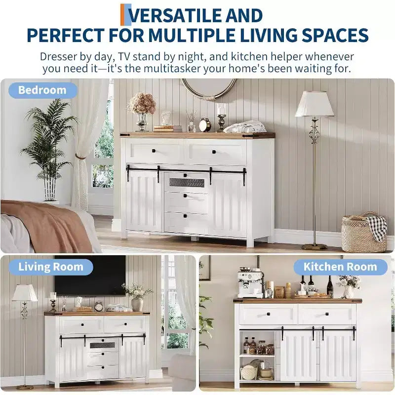 Credenza Rustica Bianca Stile Fattoria con Ante Scorrevoli a Granaio – 5 Cassetti