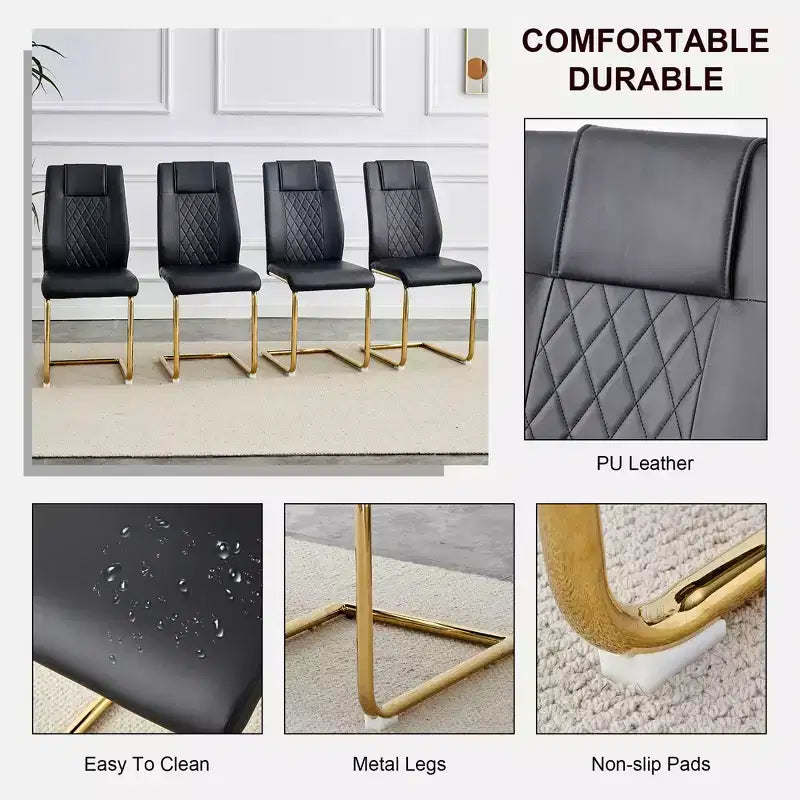 Sedia da pranzo con schienale alto in pelle PU nera, set da 4