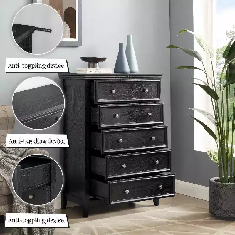 Comò a 5 cassetti – Beige / Nero / Bianco, Singolo