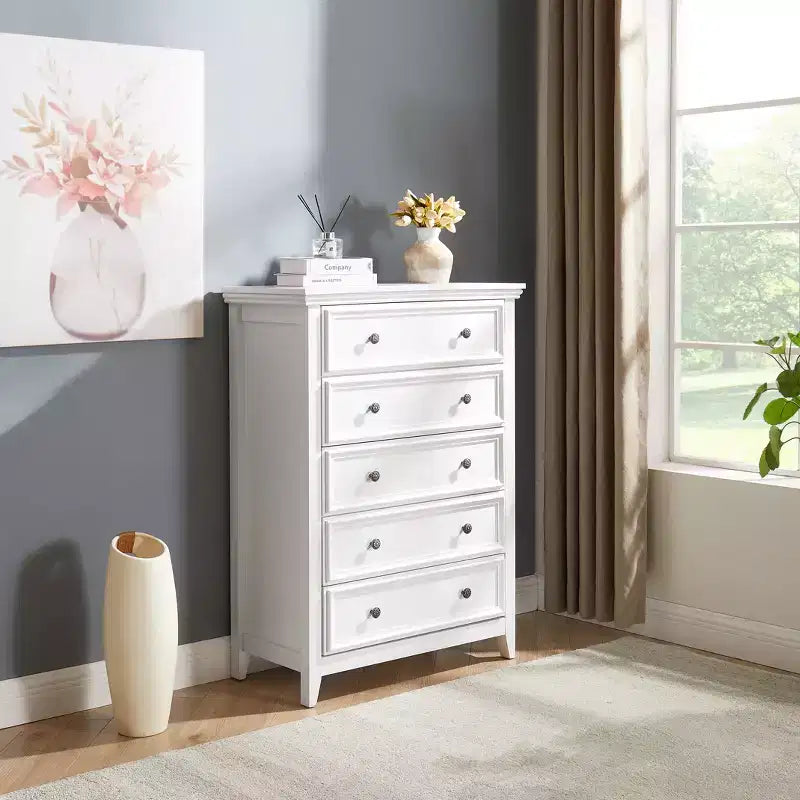 Comò a 5 cassetti – Beige / Nero / Bianco, Singolo