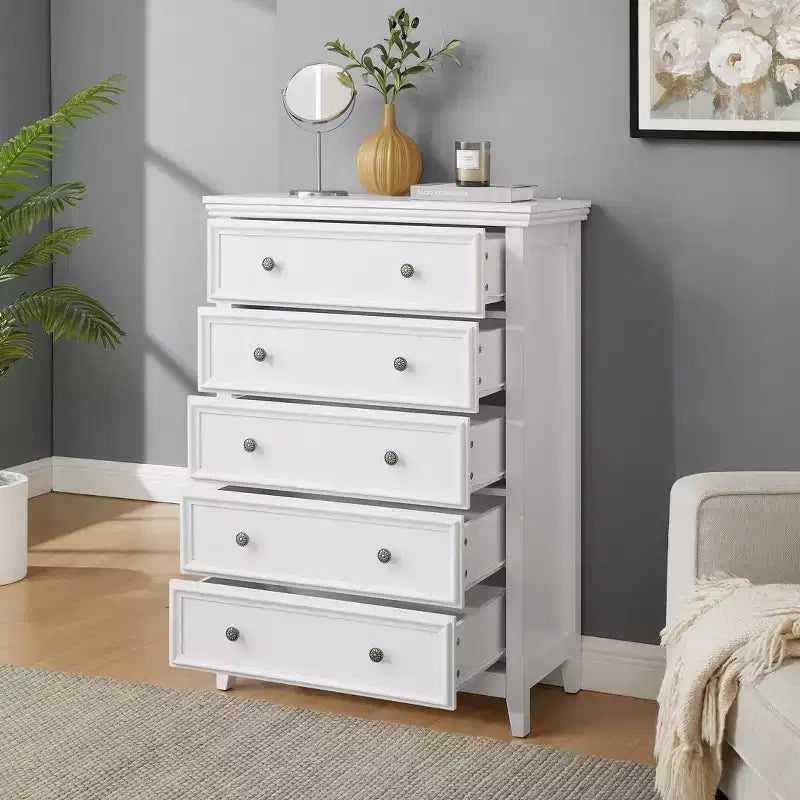 Comò a 5 cassetti – Beige / Nero / Bianco, Singolo
