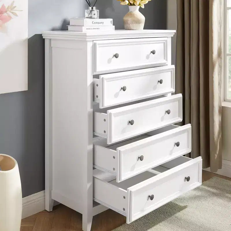 Comò a 5 cassetti – Beige / Nero / Bianco, Singolo