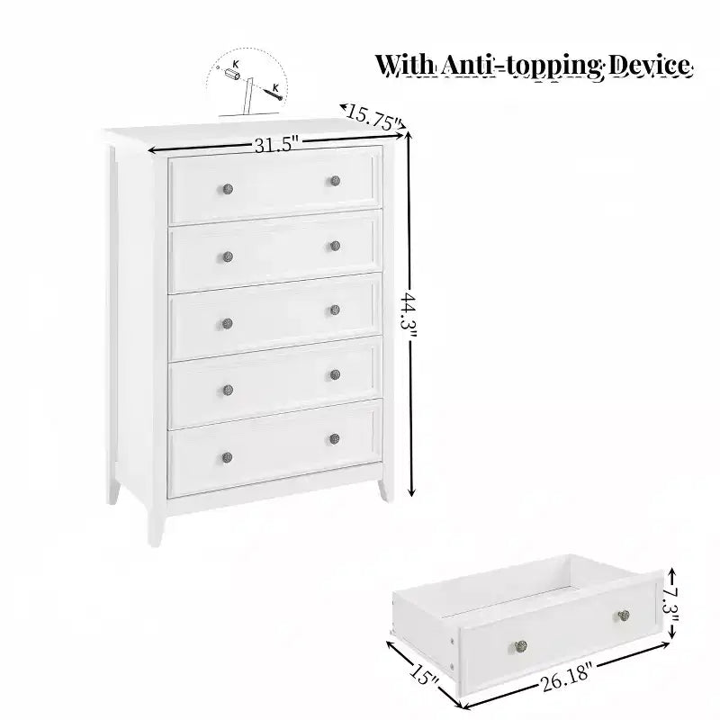 Comò a 5 cassetti – Beige / Nero / Bianco, Singolo