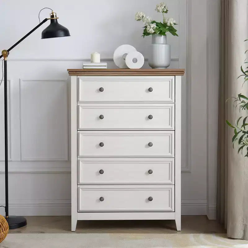 Comò a 5 cassetti – Beige / Nero / Bianco, Singolo