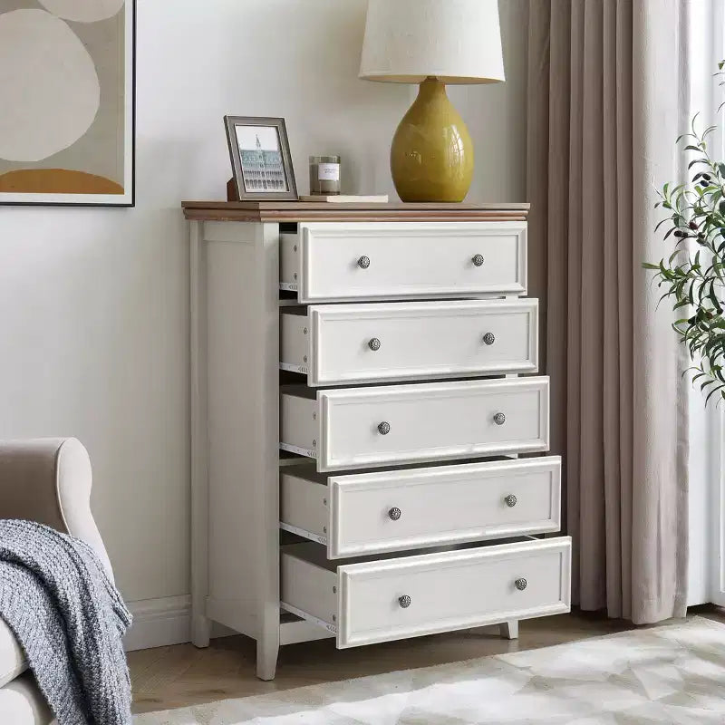Comò a 5 cassetti – Beige / Nero / Bianco, Singolo