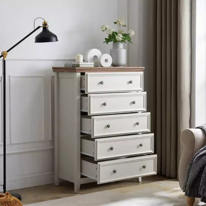 Comò a 5 cassetti – Beige / Nero / Bianco, Singolo